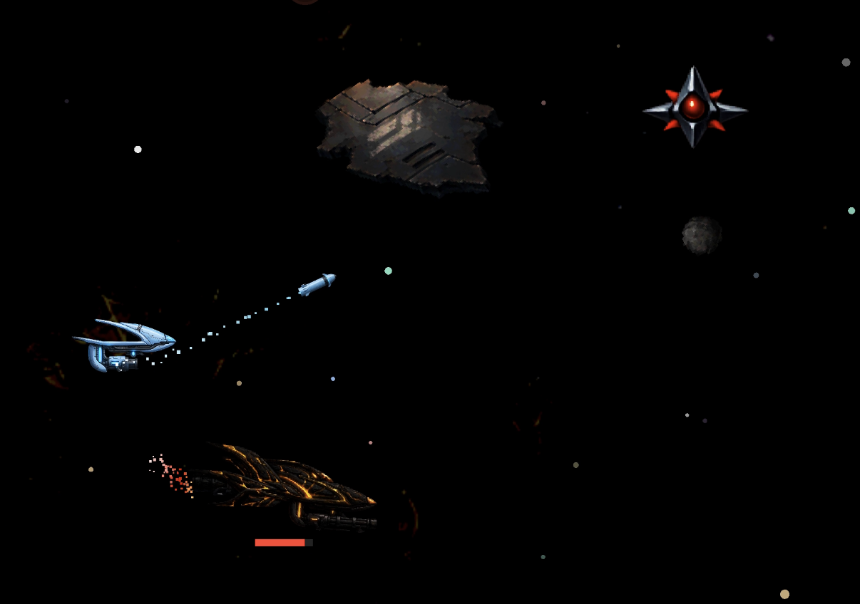 Navy ship attacks a Volcanic ship crackling with orange energy near an asteroid and a Spike star