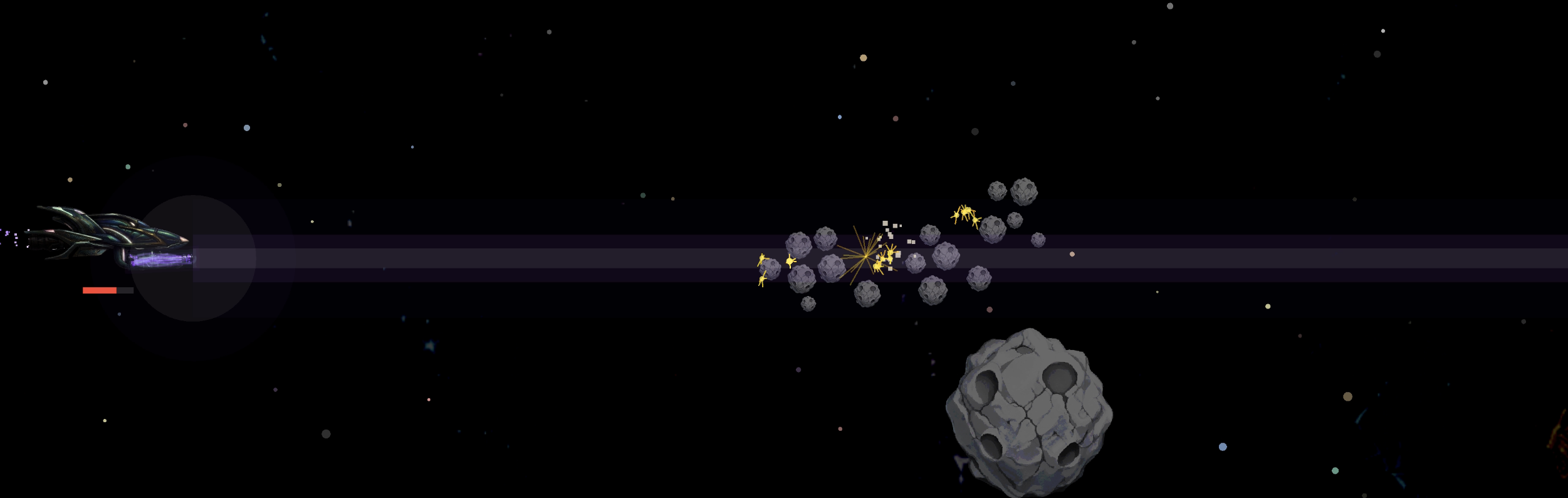 Celestial Dragon fires a long purple Dragon Beam that electrifies a cluster of asteroids in the starfield