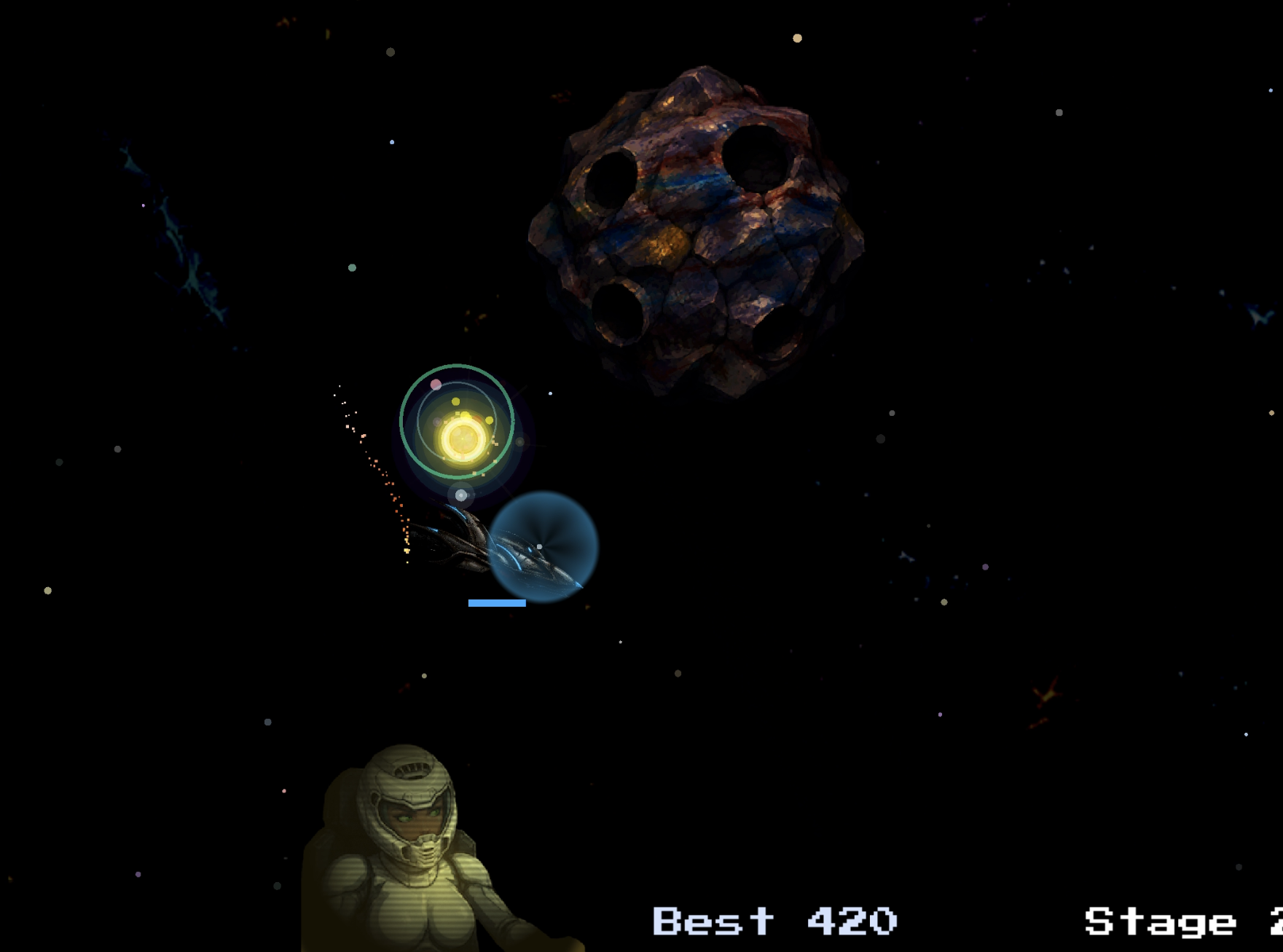 Stage 2: Navy ship flies near a shield power-up beside a large asteroid while Zenia watches from her cockpit
