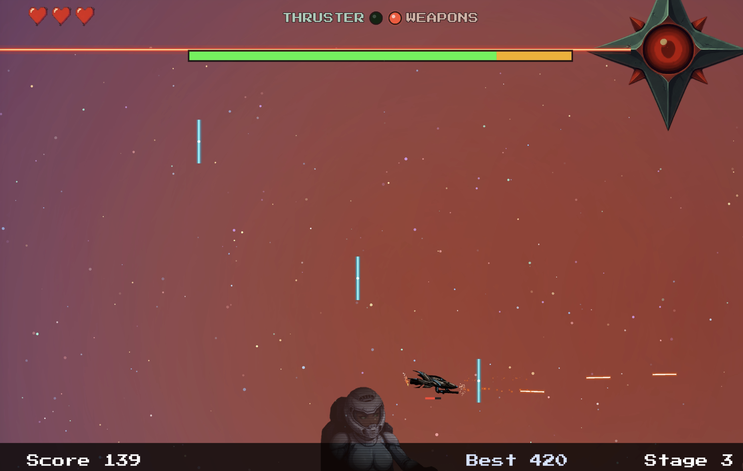Stage 3: Navy ship in a purple nebula with hearts, thruster and weapons HUD, Zenia portrait, and a Spike enemy