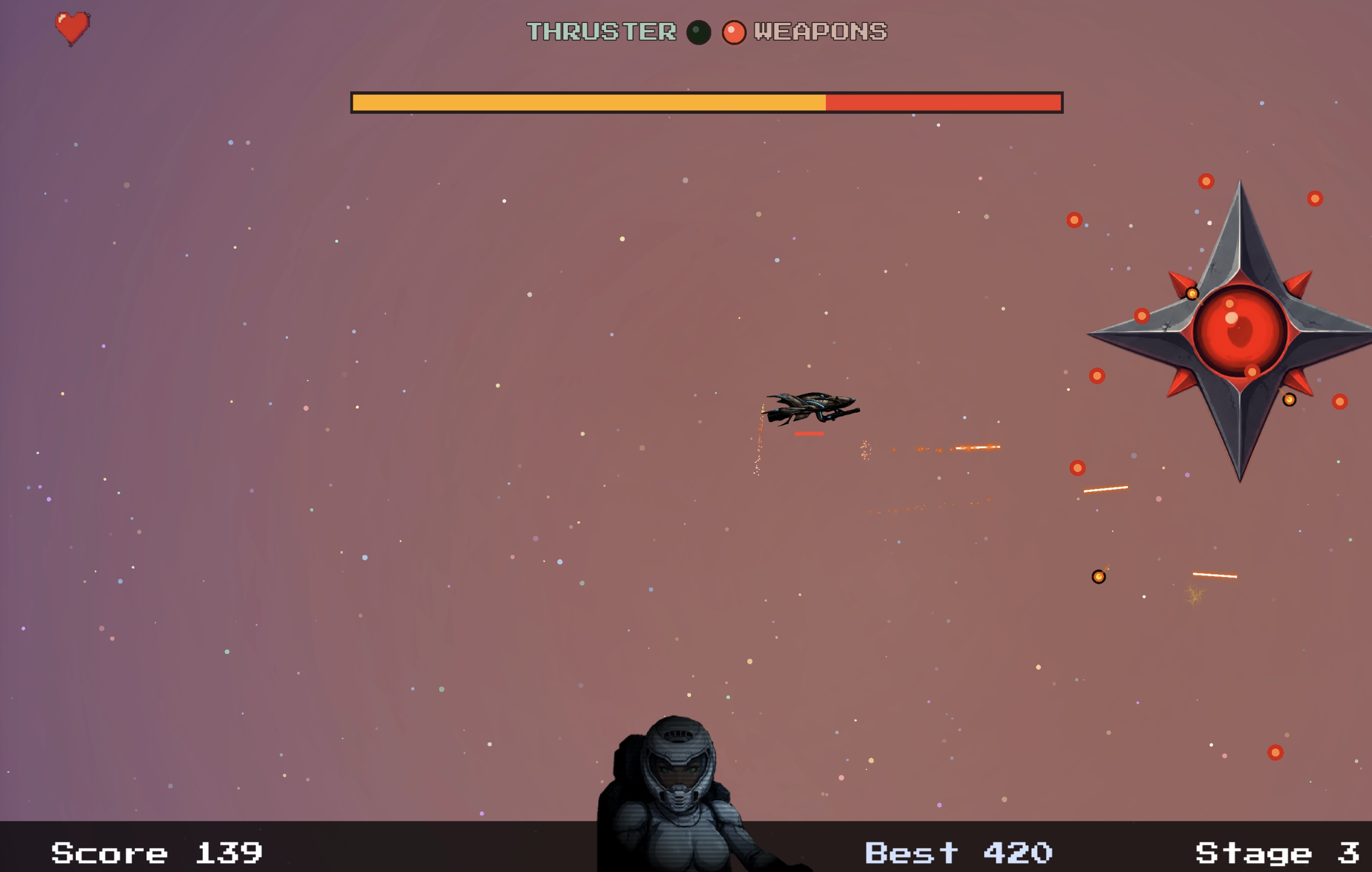 Stage 3: Navy ship fires orange lasers at a large Spike star enemy with Zenia shown below
