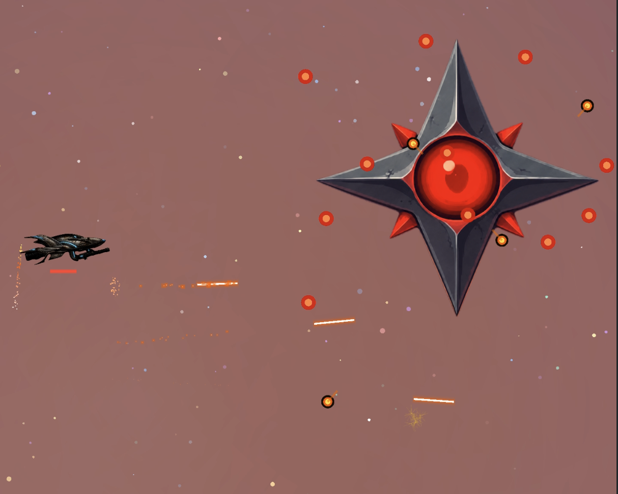 Navy ship and a glowing Spike star enemy exchange fire in a dusty pink starfield