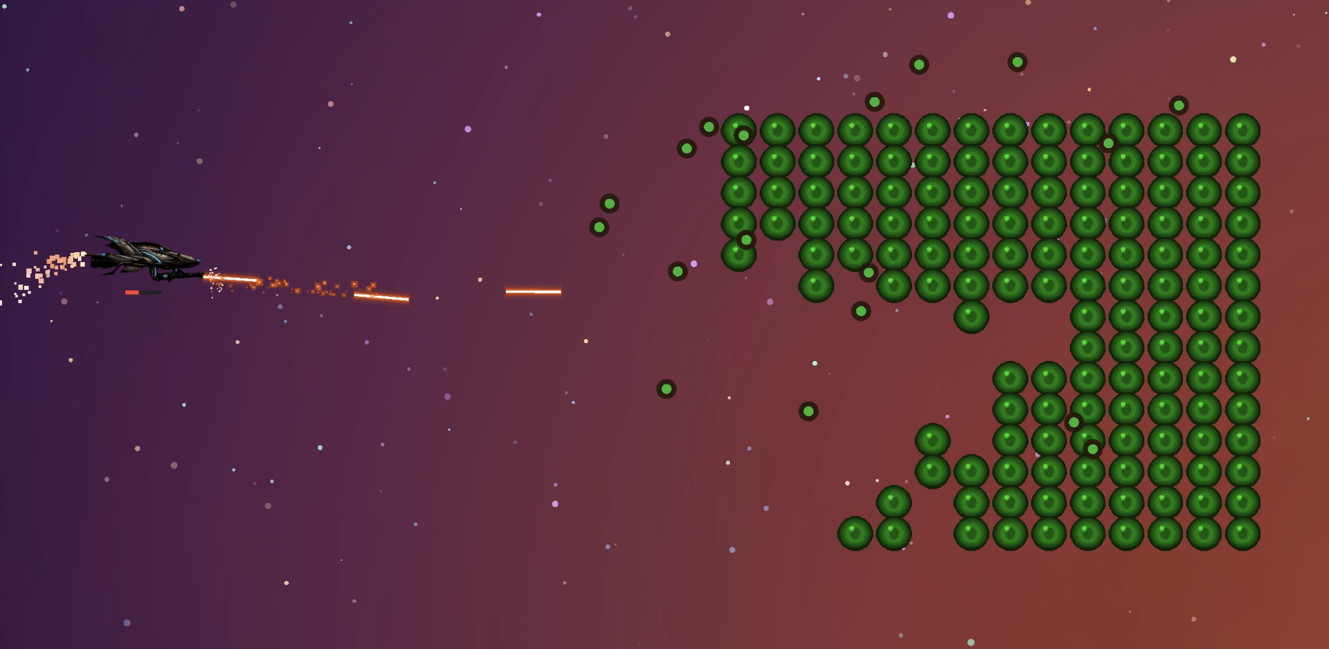 Navy ship shoots orange beams toward a large formation of green star essence