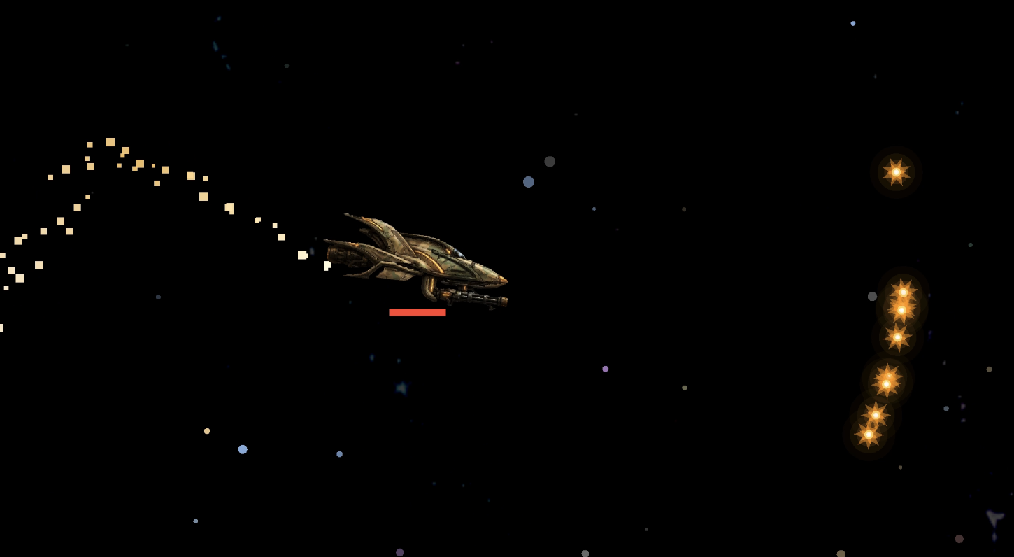 Desert ship flies through space toward a vertical line of glowing yellow star collectibles