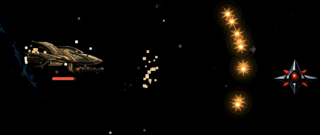 Celestial Dragon ship fires at an enemy as an explosion blooms beside glowing star essence and a Spike hazard