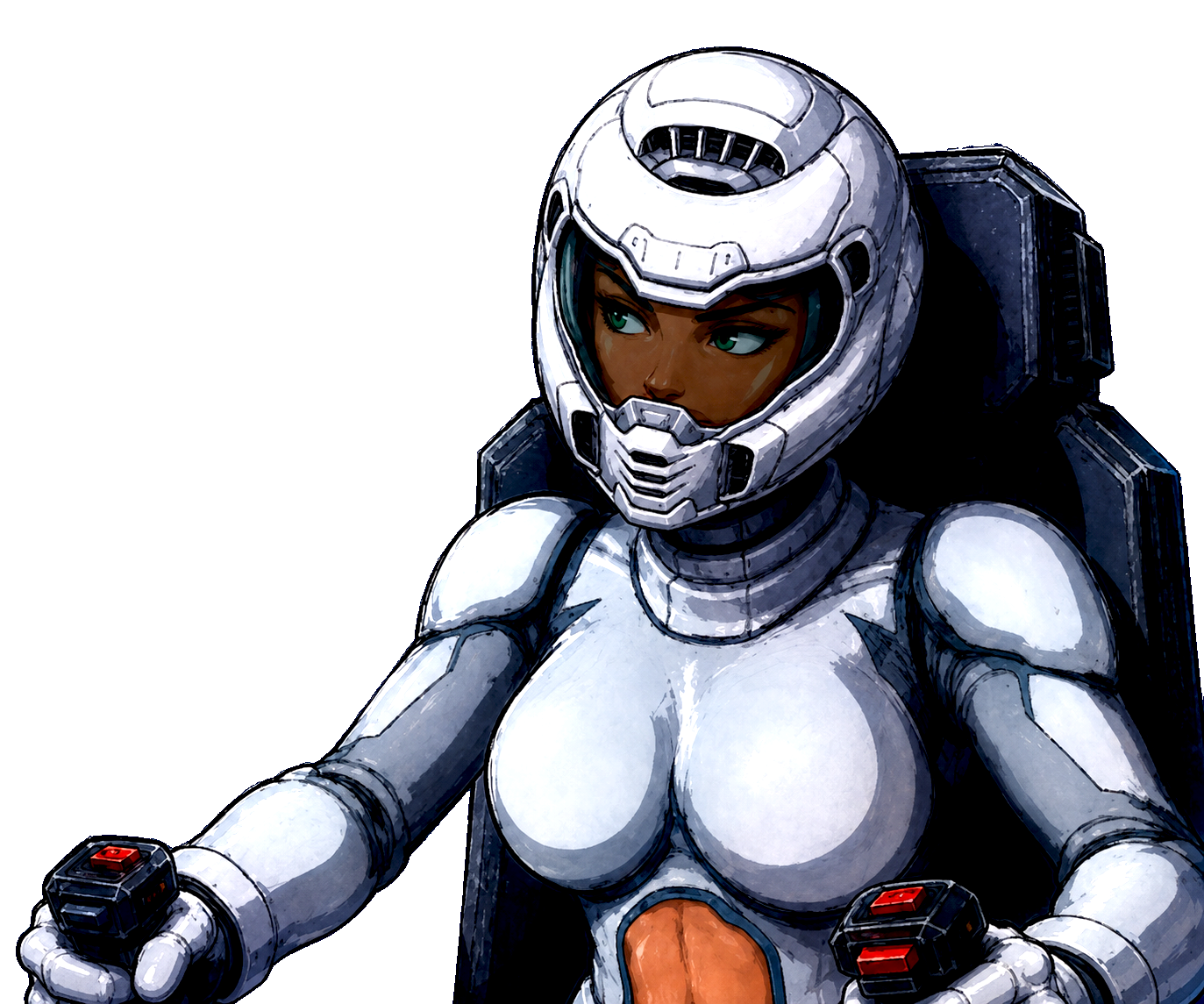 Illustration of pilot Zenia in white futuristic armor and helmet, gripping twin control devices